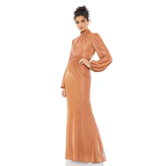 NWT Mac Duggal 11248 Draped‎ Glitter Fabric High Neck Gown 8 RUST - Picture 3 of 7